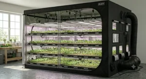Instructional graphic showing how to hang T5 fluorescent or LED grow lights inside a propagation chamber tent.