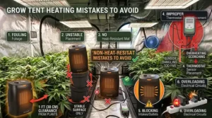 An illustration showing dangerous setups to avoid when placing a portable space heater inside a grow ten