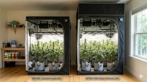 A side-by-side comparison illustration showing a standard 6-foot grow tent next to an 8-foot grow tent utilizing a height extension.