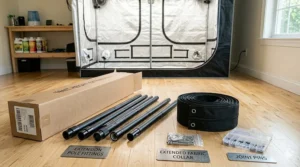 A diagram showing the components of a grow tent height extension kit, including metal pole extenders and extra canvas fabric.