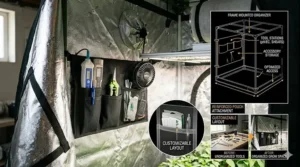 Graphic displaying the built-in tool organizer pouch inside a Gorilla 2000D premium grow tent.