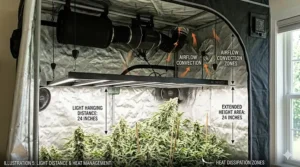 An illustration demonstrating proper LED grow light hanging distance and improved heat dissipation after installing a grow tent height extension.