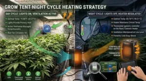 An illustration depicting how a space heater maintains optimal temperatures during a grow tent dark or night cycle.