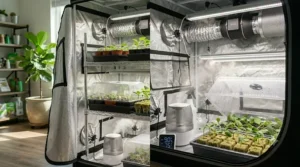 A technical cross-section illustration showing mist distribution and humidity retention inside a specialized high-humidity chamber for plant cutting survival.