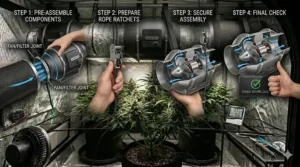 Illustration demonstrating how to safely hang and mount an inline fan from the ceiling bars of a grow tent.
