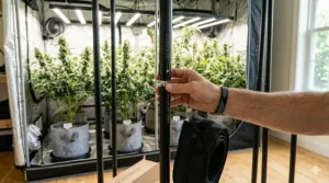 A step-by-step graphic illustrating how to attach height extension poles to an existing indoor grow tent frame.