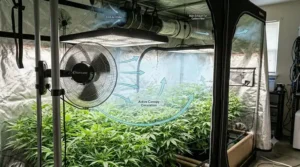 Airflow visualization diagram showing how a Hurricane fan distributes cross-ventilation across a grow tent.