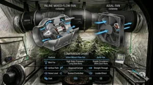 Comparison chart showing the design and static pressure differences of a booster fan versus an inline fan for grow tent ventilation.
