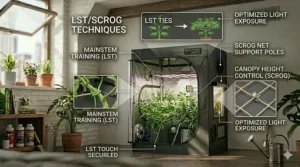 A 4K photorealistic diagram in natural light, set in an attic, illustrating LST (Low-Stress Training) and ScROG (Screen of Green) techniques applied inside a shorty grow tent with detailed close-up annotations.