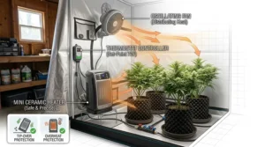 A compact ceramic electric heater for grow tent environments providing gentle airflow to indoor cultivation spaces.