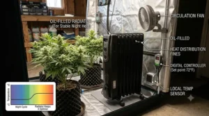 An energy efficient oil filled electric heater maintaining stable night temperatures inside a plant grow tent.