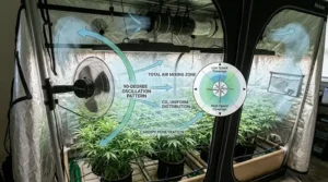 Top-down view illustration mapping the 90-degree oscillating coverage of a Hurricane fan inside a grow tent.