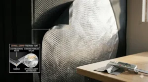 Diagram highlighting the diamond-reflective Mylar interior lining of a premium indoor grow tent for maximum light distribution.