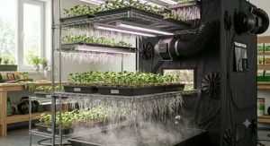 Illustration demonstrating how a propagation chamber tent seals in moisture and heat to create the ideal microclimate for clones.