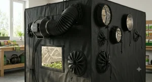Technical drawing showing the adjustable ducting ports and ventilation layout of a plant propagation tent.