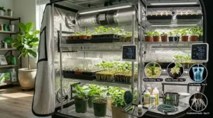 A step-by-step layout design showing how to maximize vertical space using 2-tier and 3-tier wire racks inside a small footprint seed starting tent.