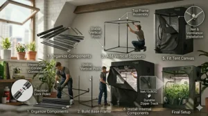 A 4K photorealistic infographic with natural light, illustrating the six-step assembly process for a shorty grow tent within an attic, from organizing parts to final setup.