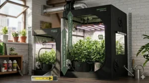 A detailed comparison illustration, in a photorealistic style, showing a standard grow tent versus a significantly shorter shorty grow tent for low ceilings.