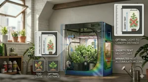 A photorealistic illustration in 4K detailing the light clearance guidelines and optimal light-to-canopy distance for a specific shorty grow tent model.