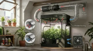 A 4K photorealistic diagram illustration providing an exploded-view cutaway of a shorty grow tent's complete ventilation and ducting system.
