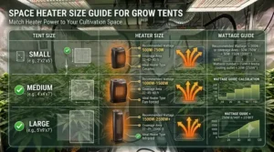 A comparison illustration sizing different wattage space heaters for various grow tent dimensions.