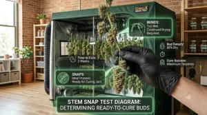 An illustration demonstrating the stem snap test to check if buds inside a cannabis drying tent are ready for curing jars.