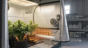 A low wattage tubular electric heater placed along the base of a grow tent to keep root zones warm.