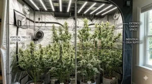 An illustration of a vertical trellis system maximizing the extra vertical space provided by a grow tent height extension.