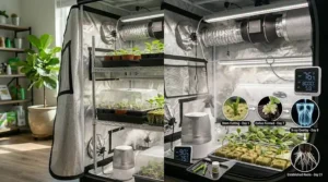 An illustration tracking young plant development from unrooted stem cutting to fully established root plug inside a clone grow tent.