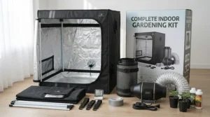 Complete indoor gardening kit including a grow tent, inline fan, and activated carbon filter