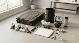 Laid out components of an affordable grow tent bundle including fabric pots, ducting, and timers.