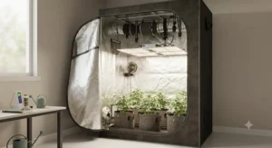 An all-in-one grow tent system showcasing overhead full-spectrum LED grow lights and hanging straps.