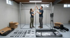 Step-by-step assembly process of a sturdy metal-frame climate control grow tent in a home basement.