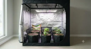 Fabric pots and organic soil organized neatly inside a grow tent for beginners.