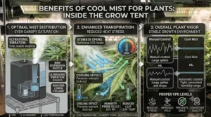 Visual guide highlighting the growth benefits of using a cool mist humidifier inside a grow tent.