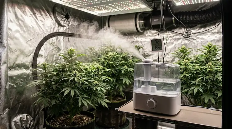 A professional ultrasonic fogger setup inside a lush indoor grow tent. fogger for grow tent