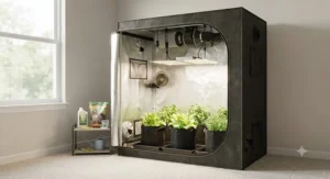 An assembled grow tent kit featuring all essential equipment for beginner indoor growers.