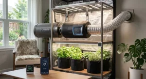 A powerful grow tent air purifier system equipped with a carbon filter to neutralize grow tent odors.