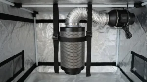 Close-up view of an activated carbon filter properly mounted and secured in a grow tent
