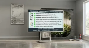 A summary checklist illustration helping indoor gardeners select the right setup in a grow tent buying guide.
