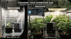 Diagram showing how to select the right cool mist humidifier size for different grow tent dimensions.