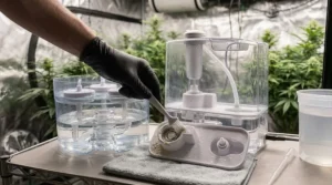 Step-by-step cleaning process for a humidifier fogger used in a grow tent.