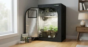 A small, discrete grow tent for beginners fitted into a corner of a modern apartment.