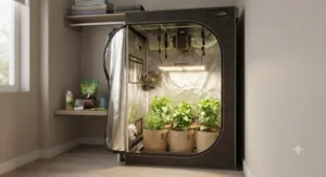 A compact grow tent kit designed to fit efficiently in small residential spaces like closets or apartments.