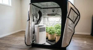 A compact portable AC unit positioned inside a small grow tent to maintain optimal temperature.