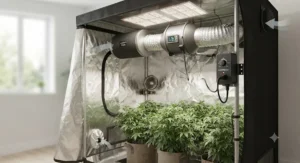 Fully assembled indoor grow tent ventilation setup with lighting, filters, and automated climate controls.