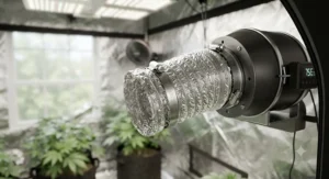 Flexible aluminum ducting secured with metal duct clamps in a professional grow tent ventilation setup.