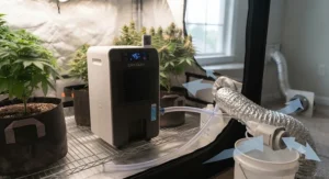 Setup of an external air duct connecting an electric dehumidifier to a grow tent.