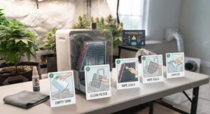 Step-by-step visual guide for cleaning an electric dehumidifier used in a tent.