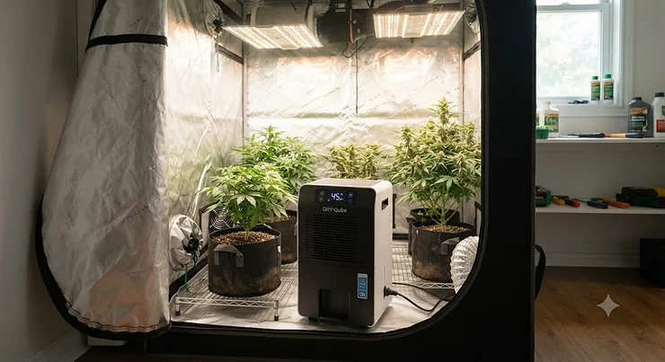 A compact electric dehumidifier installed inside a professional indoor grow tent.